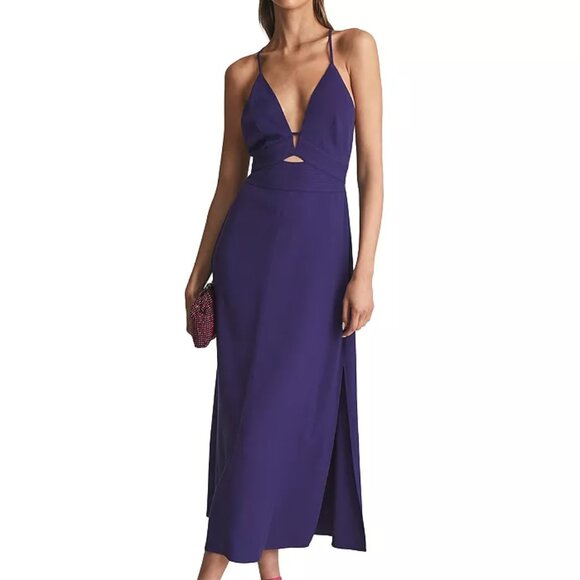 Reiss Ellis Plunge Neck Bodycon Purple Midi Dress. Sz: 10
